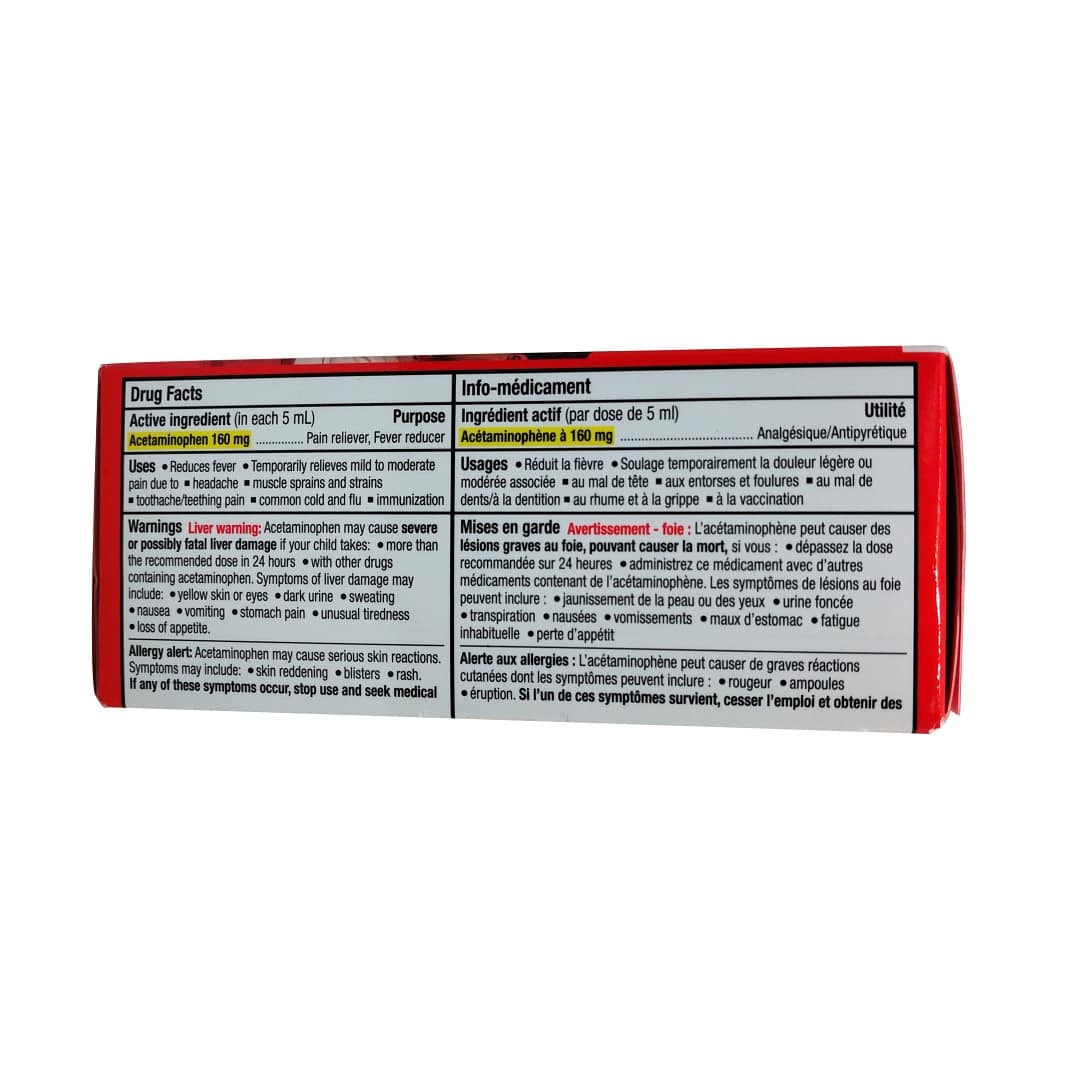 Ingredient, use, and warnings for Children's Tylenol Acetaminophen Fever and Pain Banana Berry Flavour