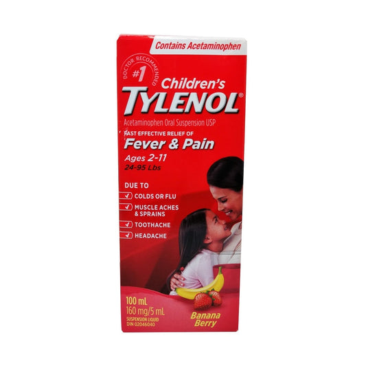 Product label for Children's Tylenol Acetaminophen Fever and Pain Banana Berry Flavour  in English