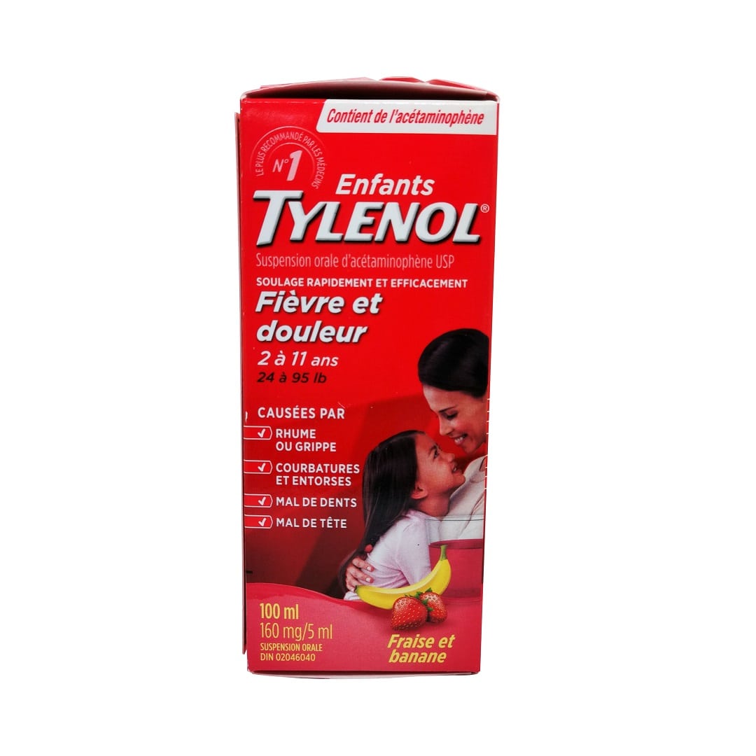 Product label for Children's Tylenol Acetaminophen Fever and Pain Banana Berry Flavour  in French
