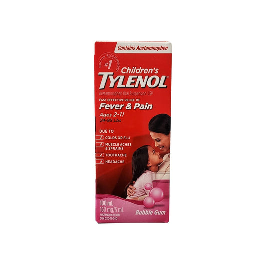 Product label for Children's Tylenol Acetaminophen Fever and Pain Bubble Gum Flavour (Ages 2-11) (100 mL) in English