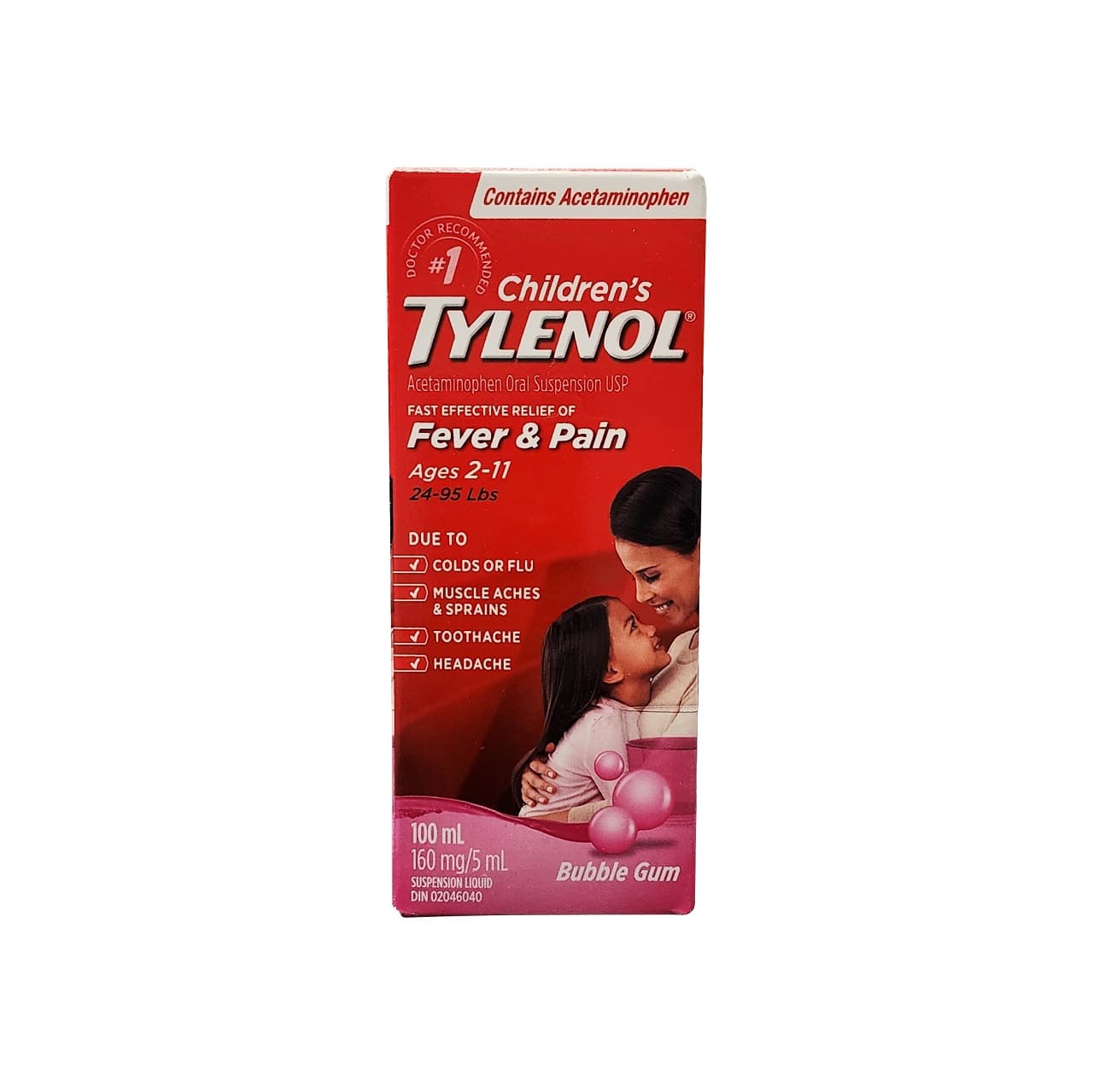 Product label for Children's Tylenol Acetaminophen Fever and Pain Bubble Gum Flavour (Ages 2-11) (100 mL) in English