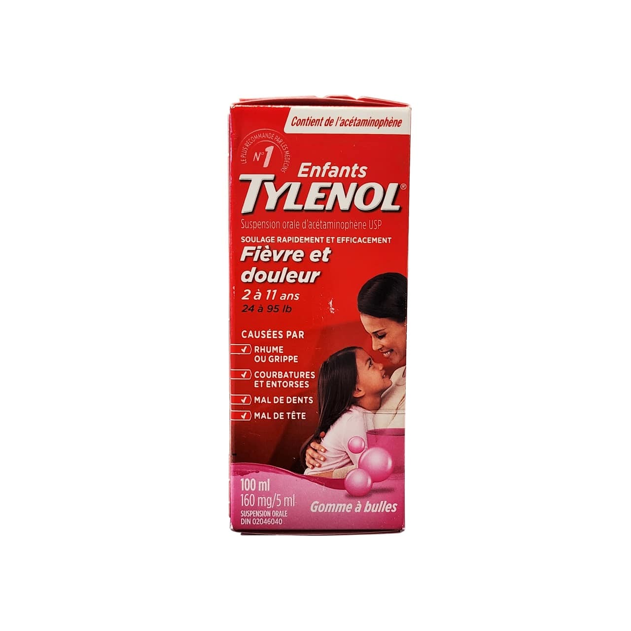 Product label for Children's Tylenol Acetaminophen Fever and Pain Bubble Gum Flavour (Ages 2-11) (100 mL) in French