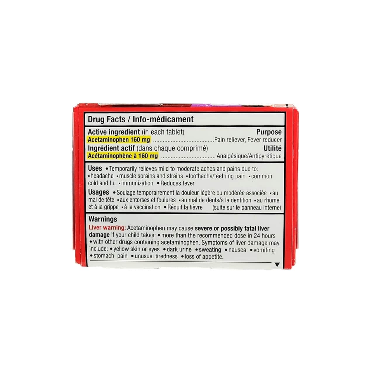 Ingredients, Uses, Warnings for Children's Tylenol Acetaminophen Fever and Pain Chewables Grape (Ages 2-11) (20 tablets)