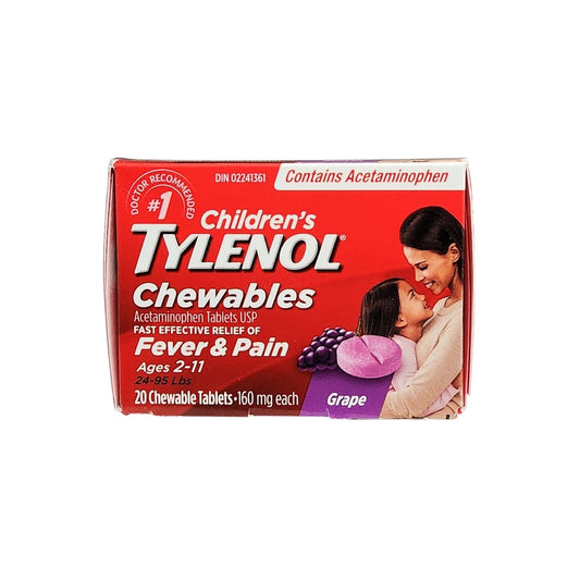 Product label for Children's Tylenol Acetaminophen Fever and Pain Chewables Grape (Ages 2-11) (20 tablets) in English