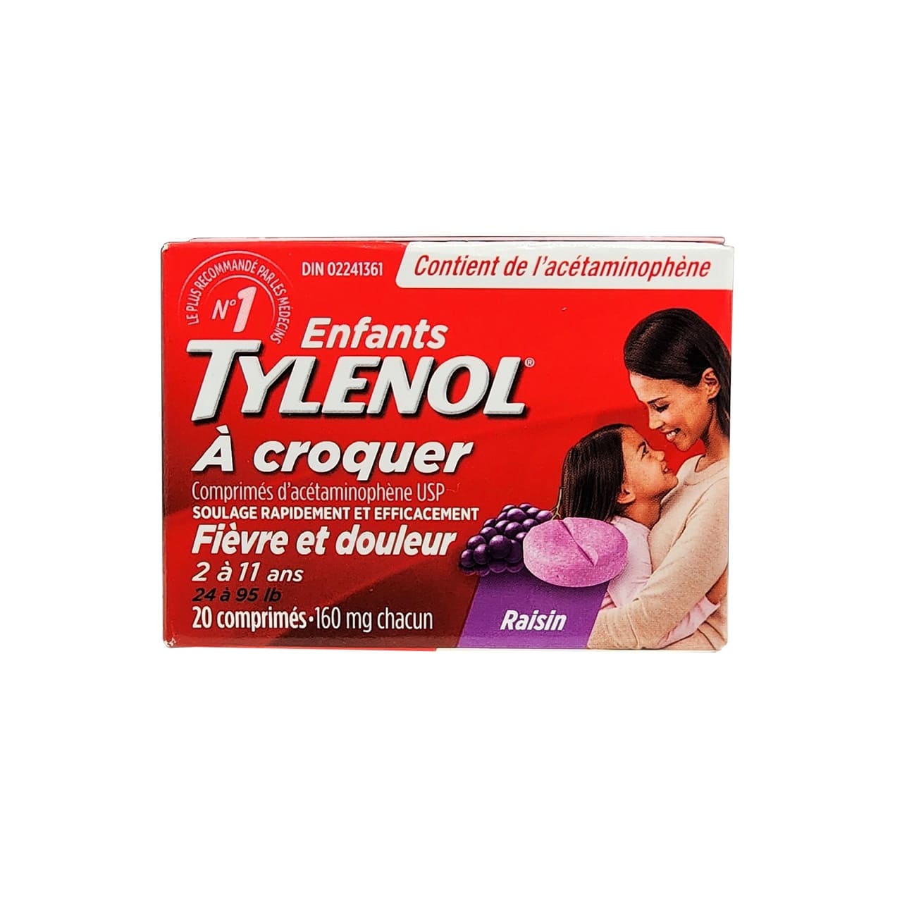 Product label for Children's Tylenol Acetaminophen Fever and Pain Chewables Grape (Ages 2-11) (20 tablets) in French