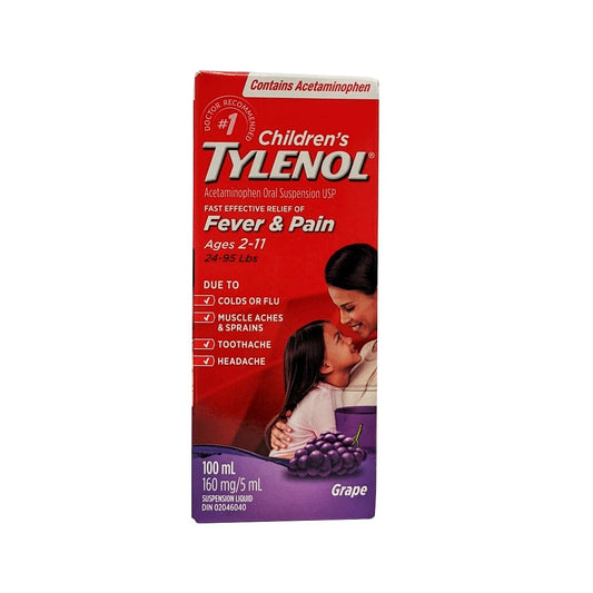 Product label for Children's Tylenol Acetaminophen Fever and Pain Grape Flavour (Ages 2-11) (100 mL) in English