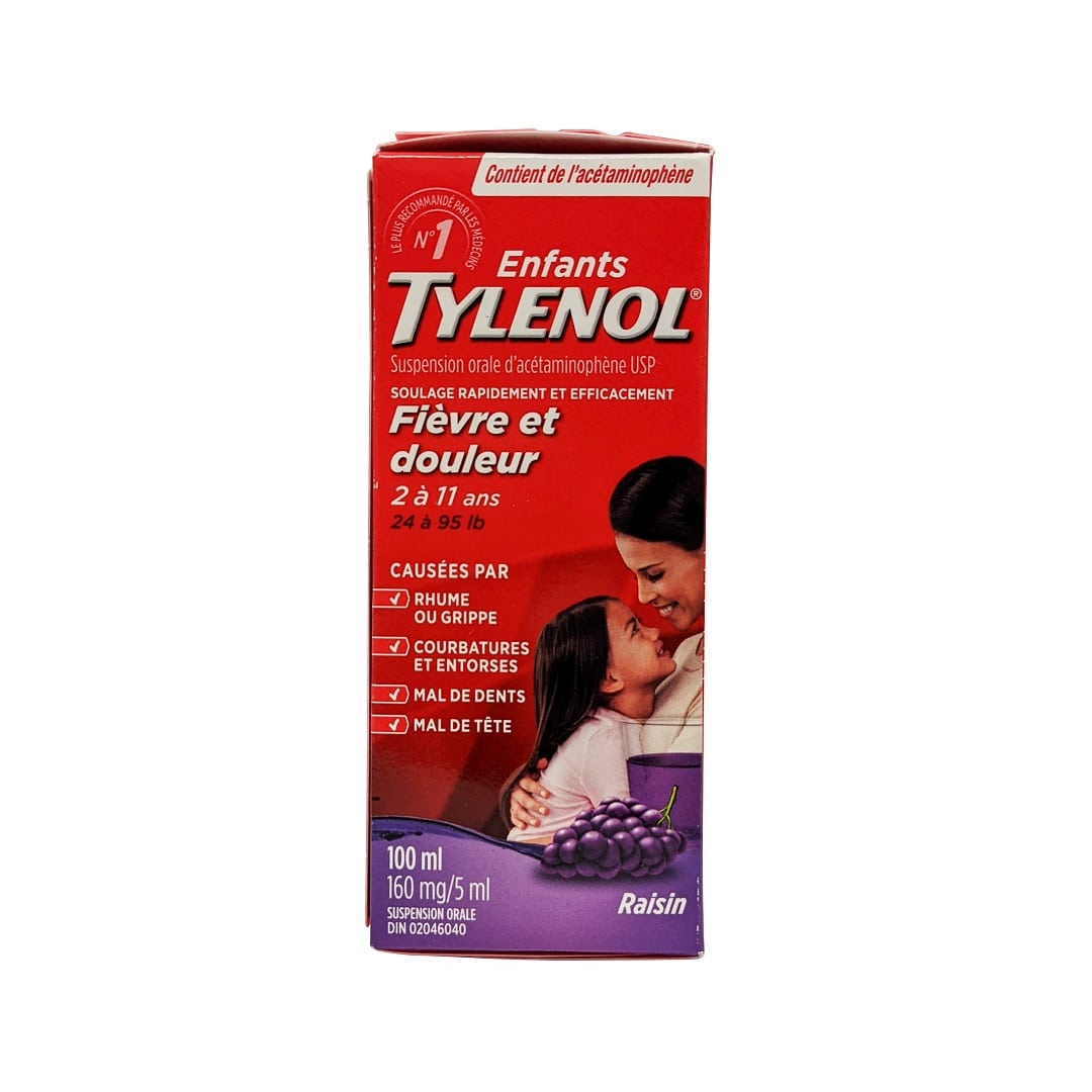 Product label for Children's Tylenol Acetaminophen Fever and Pain Grape Flavour (Ages 2-11) (100 mL) in French