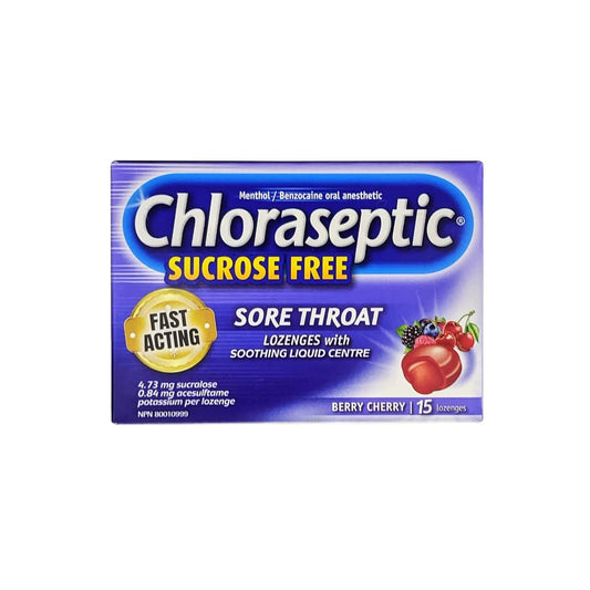 Product label for Chloraseptic Methol/Benzocaine Oral Anesthetic Lozenges Berry Cherry Flavour (16 lozenges) in English
