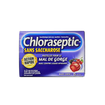 Product label for Chloraseptic Methol/Benzocaine Oral Anesthetic Lozenges Berry Cherry Flavour (16 lozenges) in French