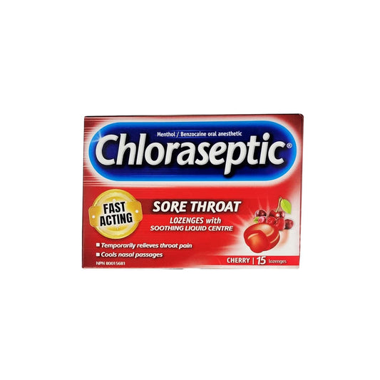 Product label for Chloraseptic Methol/Benzocaine Oral Anesthetic Lozenges Cherry Flavour (15 lozenges) in English