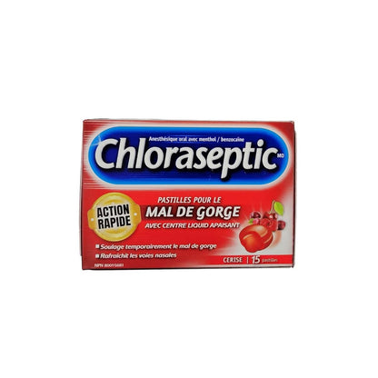 Product label for Chloraseptic Methol/Benzocaine Oral Anesthetic Lozenges Cherry Flavour (15 lozenges) in French