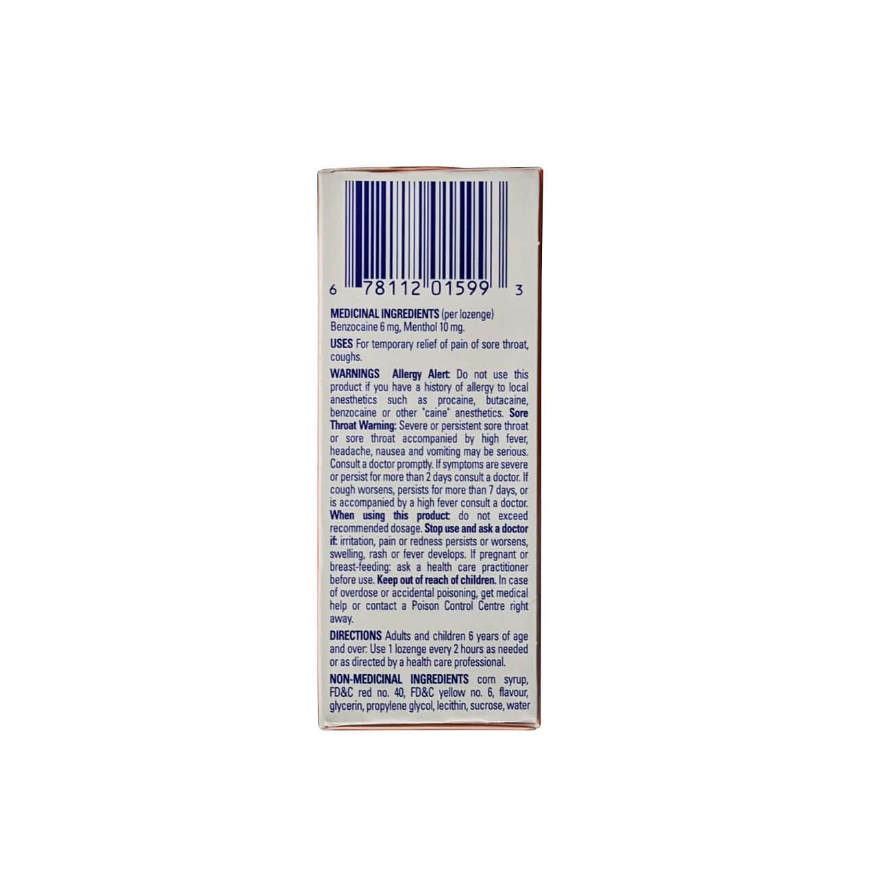 Ingredients, uses, warnings, directions for Chloraseptic Methol/Benzocaine Oral Anesthetic Lozenges Citrus Flavour (18 lozenges) in English