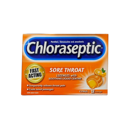Product label for Chloraseptic Methol/Benzocaine Oral Anesthetic Lozenges Citrus Flavour (18 lozenges) in English