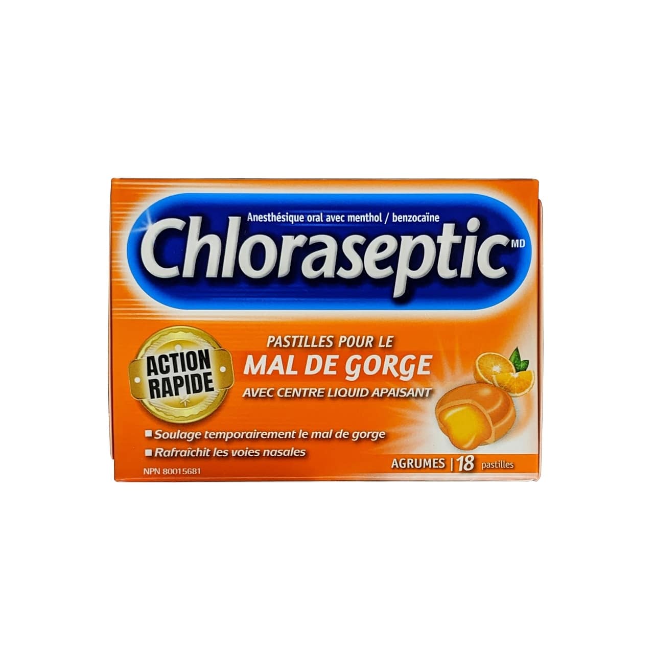 Product label for Chloraseptic Methol/Benzocaine Oral Anesthetic Lozenges Citrus Flavour (18 lozenges) in French