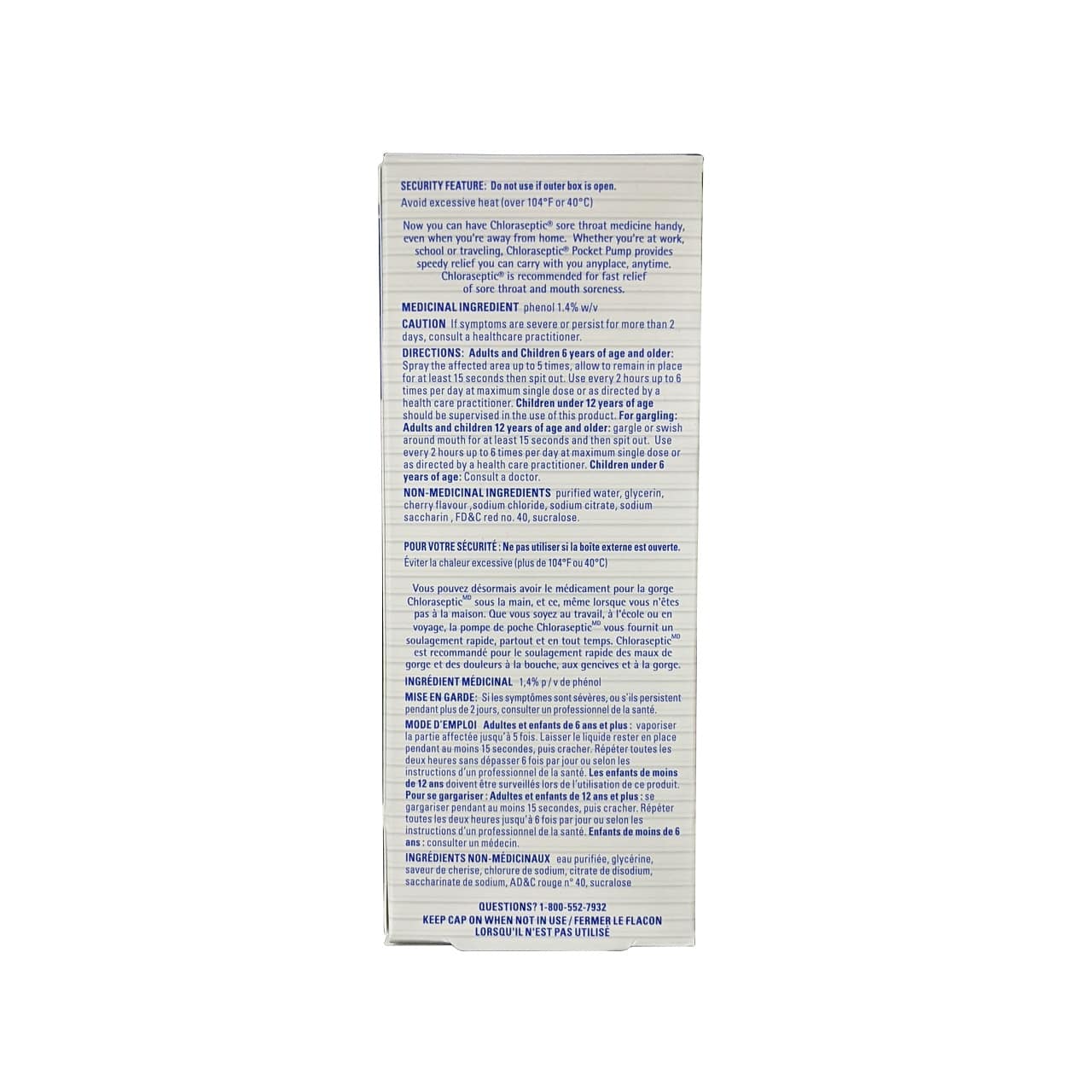 Ingredients, cautions, directions for Chloraseptic Pocket Pump Sore Throat Spray Cherry Flavour (25 mL)