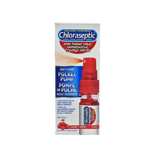 Product label for Chloraseptic Pocket Pump Sore Throat Spray Cherry Flavour (25 mL)