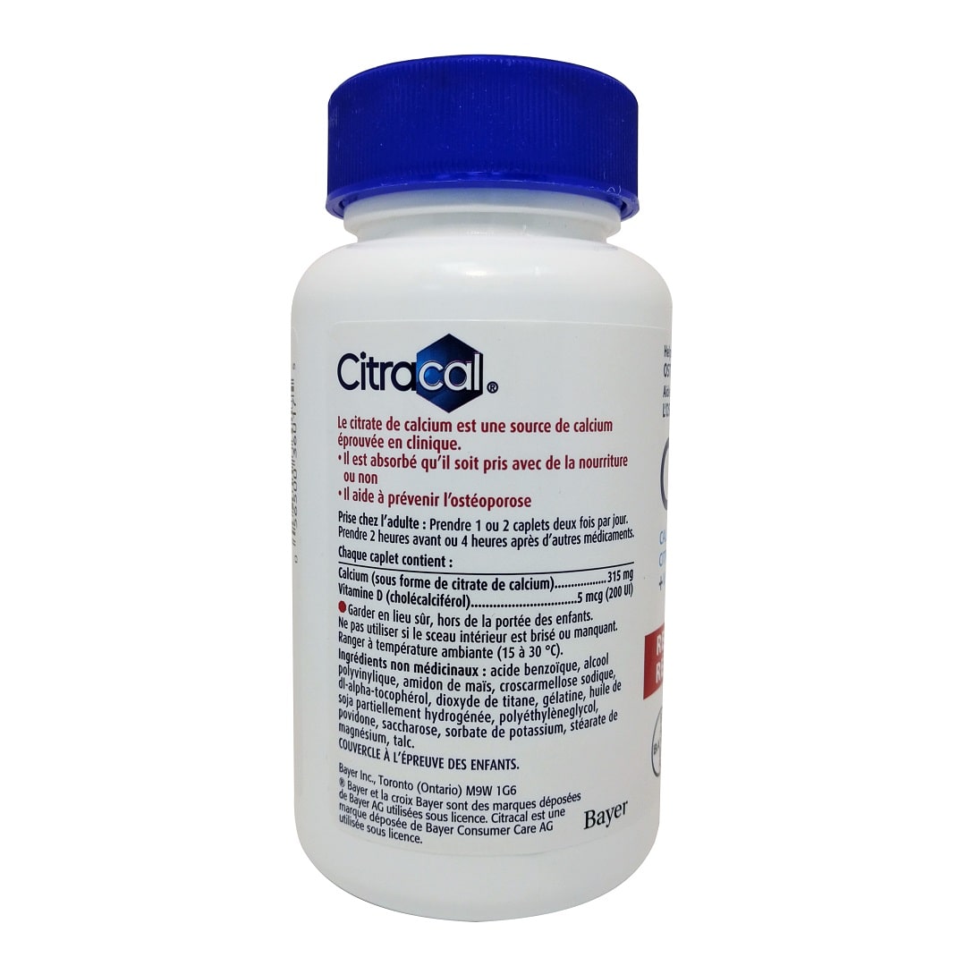 Description, directions, ingredients for Citracal Calcium Citrate + Vitamin D (120 caplets) in French