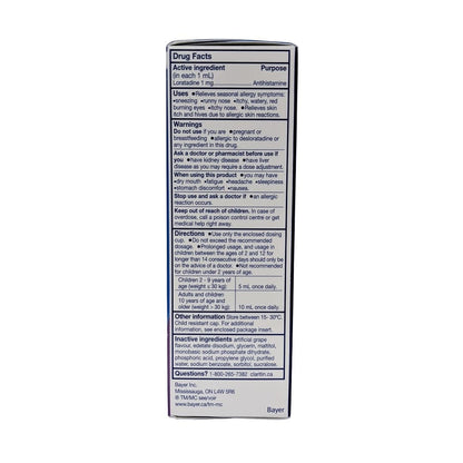 Ingredients, uses, warnings, and directions for Claritin Kids Non-Drowsy Loratadine Syrup 1mg/mL (Grape Flavour) (120 mL) in English