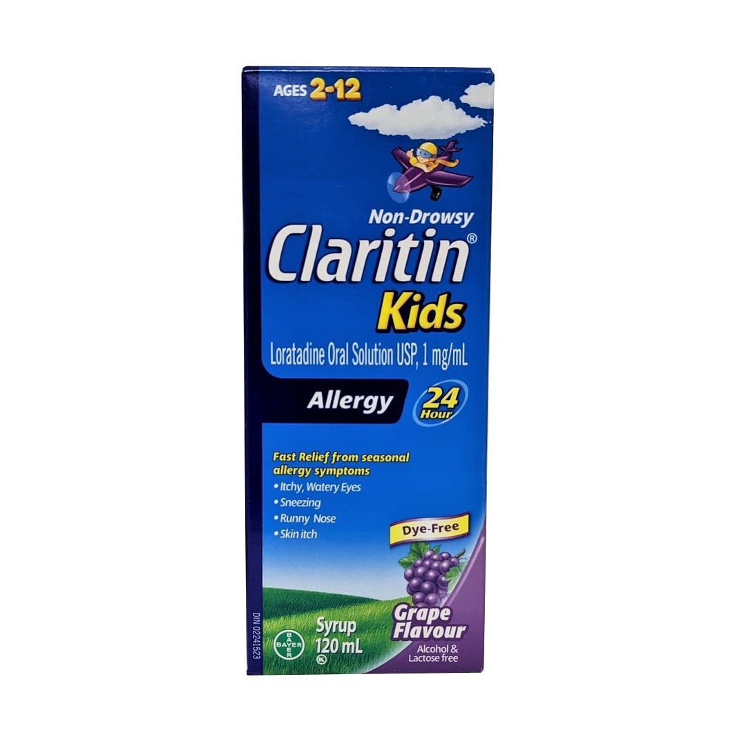 Product label for Claritin Kids Non-Drowsy Loratadine Syrup 1mg/mL (Grape Flavour) (120 mL) in English