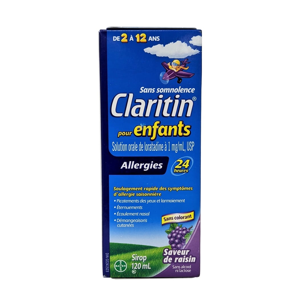 Product label for Claritin Kids Non-Drowsy Loratadine Syrup 1mg/mL (Grape Flavour) (120 mL) in French