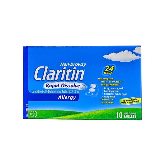Product label for Claritin Non-Drowsy Rapid Dissolve Loratadine 10 mg (10 tablets) in English