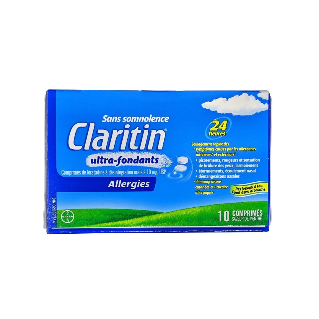 Product label for Claritin Non-Drowsy Rapid Dissolve Loratadine 10 mg (10 tablets) in French