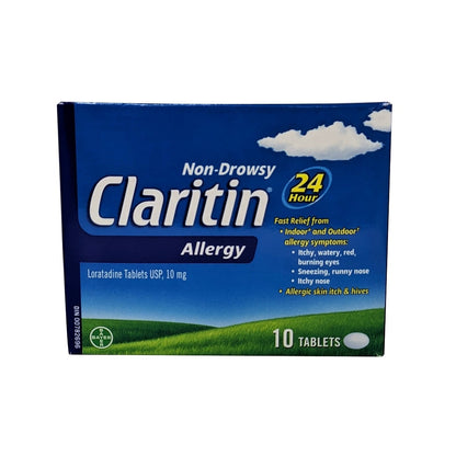 Product label for Claritin Non-Drowsy Loratadine 10mg 10 tabs in English