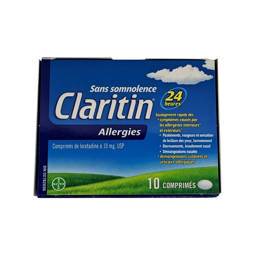 Product label for Claritin Non-Drowsy Loratadine 10mg 10 tabs in French