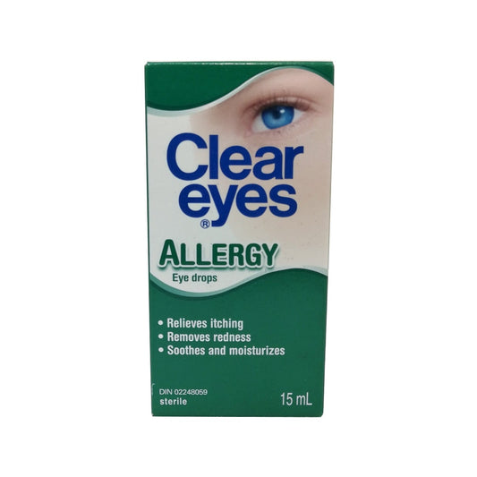 Product label for Clear Eyes Allergy Eye Drops (15 mL) in English