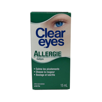 Product label for Clear Eyes Allergy Eye Drops (15 mL) in French