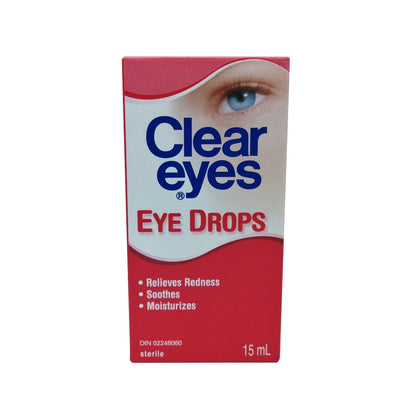 Product label for Clear Eyes Eye Drops (15 mL) in English