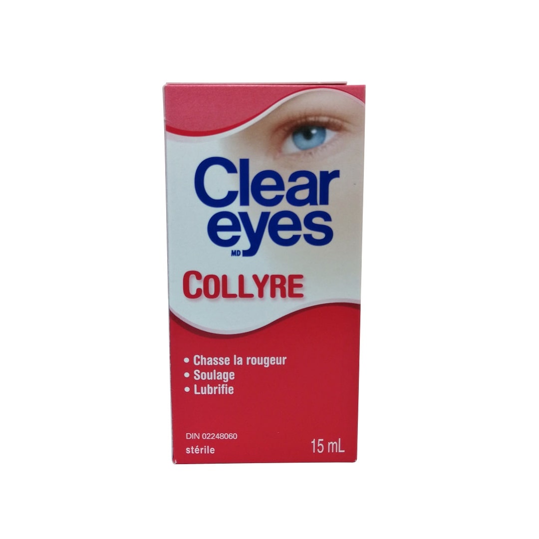 Product label for Clear Eyes Eye Drops (15 mL) in French