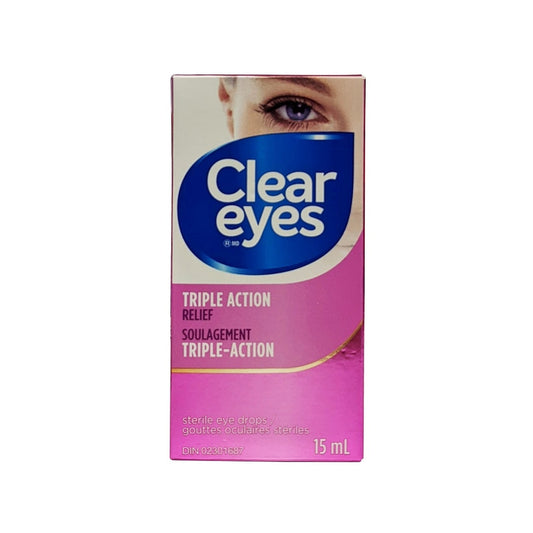 Product label for Clear Eyes Triple Action Relief Eye Drops (15 mL)
