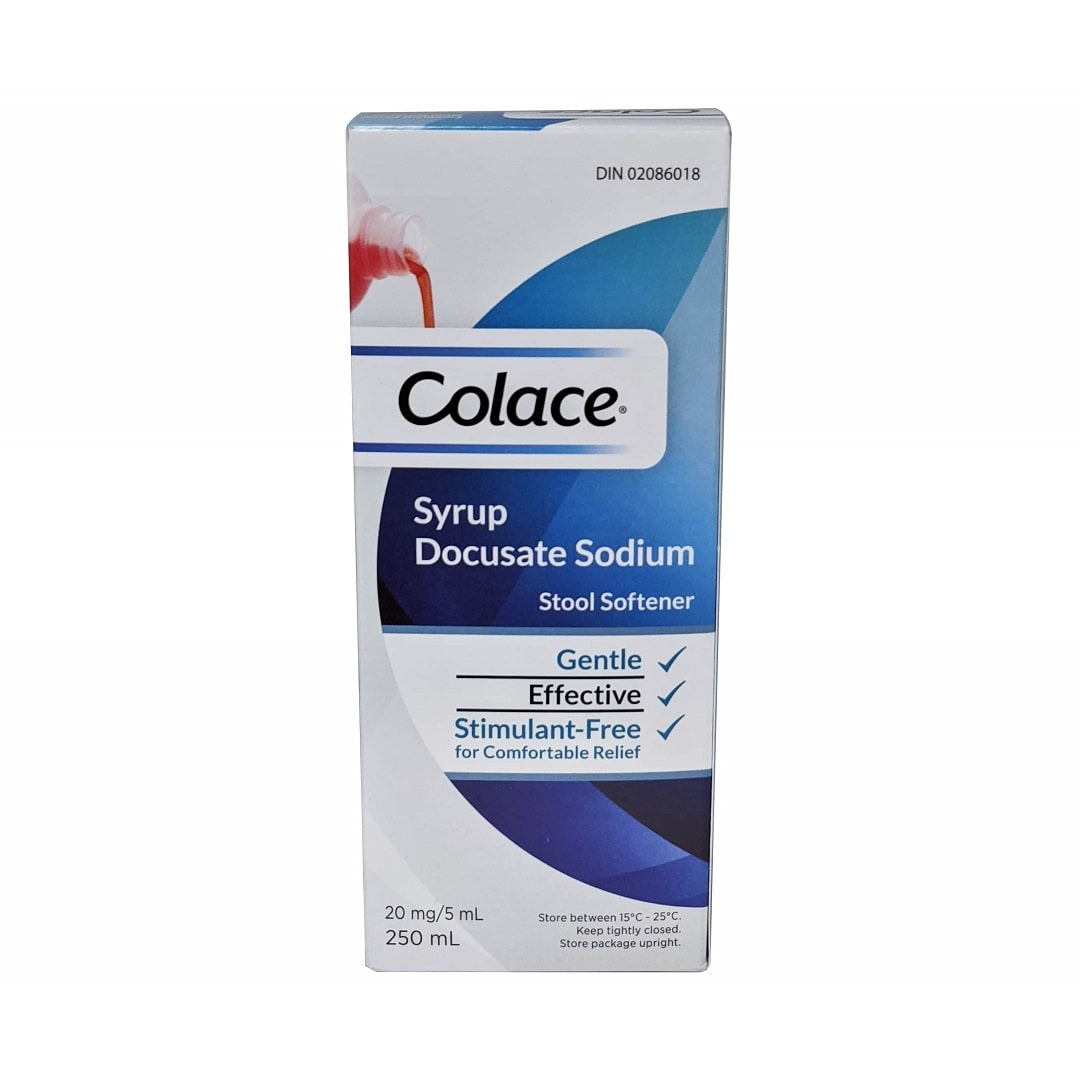Product label for Colace Docusate Sodium Stool Softener (20mg/5mL) (250 mL) in English