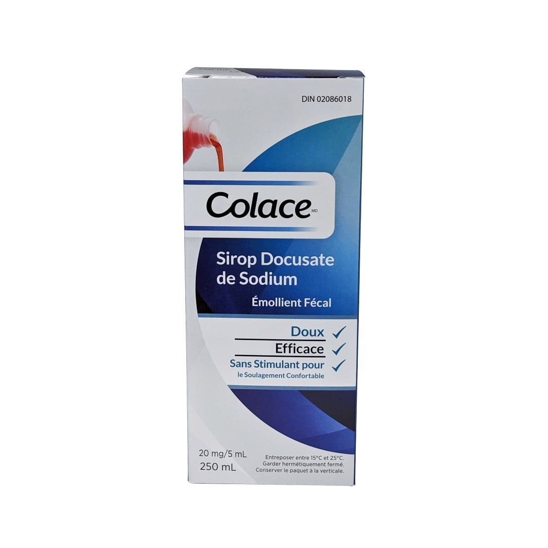 Product label for Colace Docusate Sodium Stool Softener (20mg/5mL) (250 mL) in French