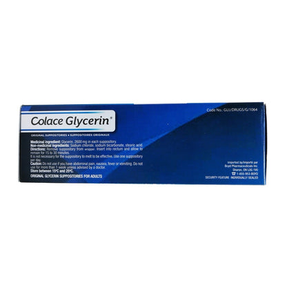 Ingredients, directions, and cautions for Colace Glycerin Original Suppositories (24 suppositories) in English