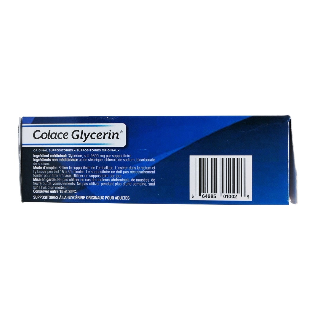 Ingredients, directions, and cautions for Colace Glycerin Original Suppositories (24 suppositories) in French