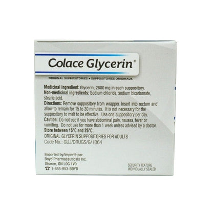 Ingredients, directions, cautions for Colace Glycerin Original Suppositories 48 supp in English
