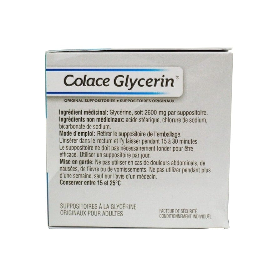 Ingredients, directions, cautions for Colace Glycerin Original Suppositories 48 supp in French