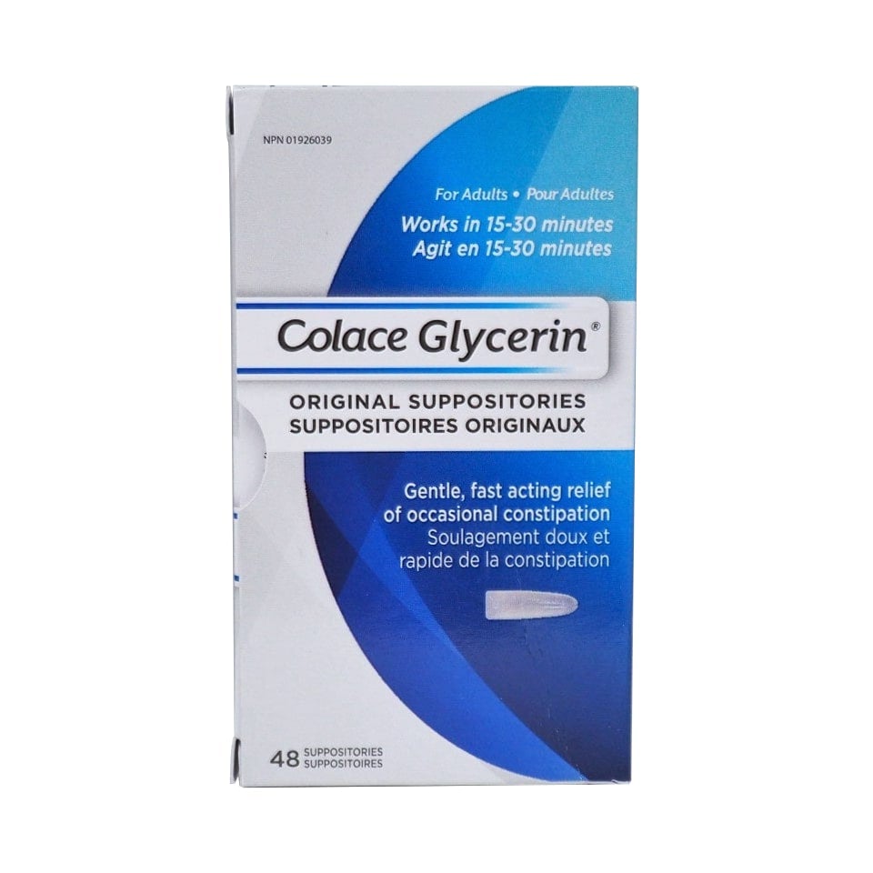 Product label for Colace Glycerin Original Suppositories 48 supp