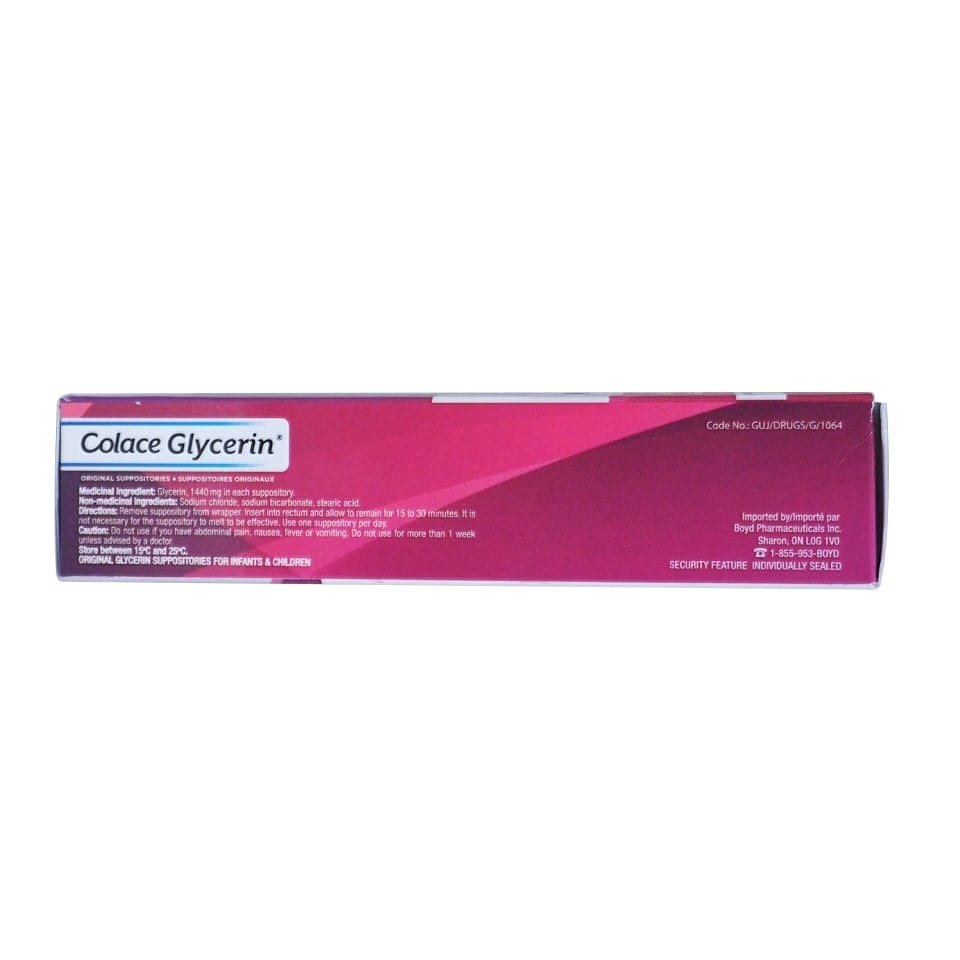 Ingredients, directions, and cautions for Colace Glycerin Original Suppositories for Infants and Children (12 Suppositories) in English