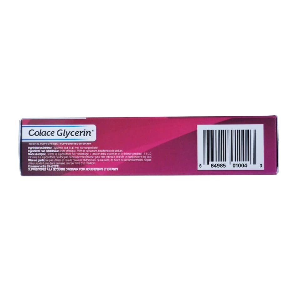 Ingredients, directions, and cautions for Colace Glycerin Original Suppositories for Infants and Children (12 Suppositories) in French