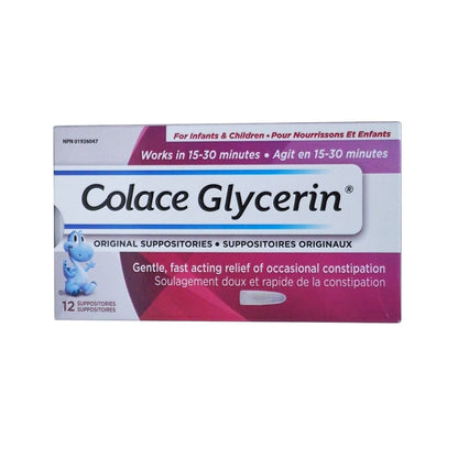 Product label for Colace Glycerin Original Suppositories for Infants and Children (12 Suppositories) in French