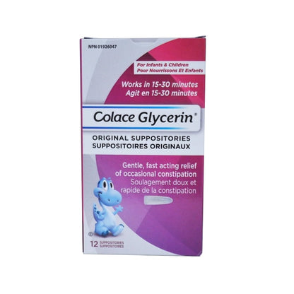 Product label for Colace Glycerin Original Suppositories for Infants and Children (12 Suppositories) in English
