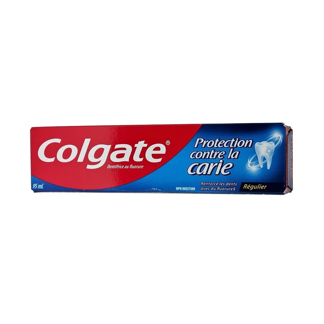 Product label for Colgate Regular Toothpaste Cavity Protection (95 mL) in French