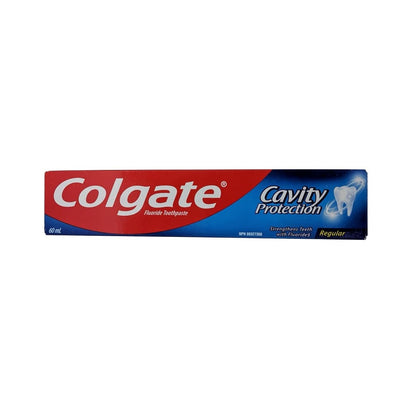 Product label for Colgate Regular Toothpaste Cavity Protection (60 mL) in English