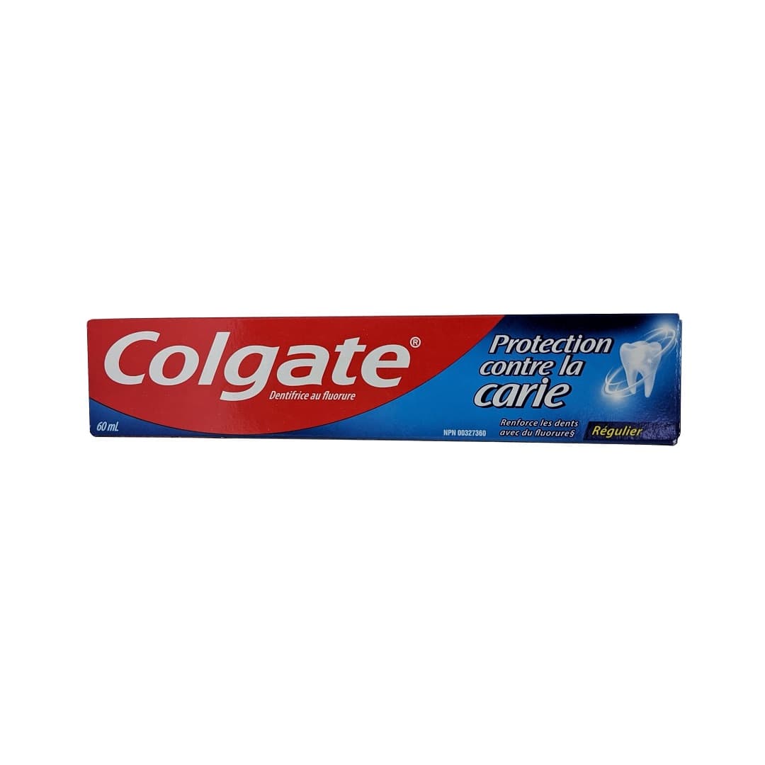 Product label for Colgate Regular Toothpaste Cavity Protection (60 mL) in French