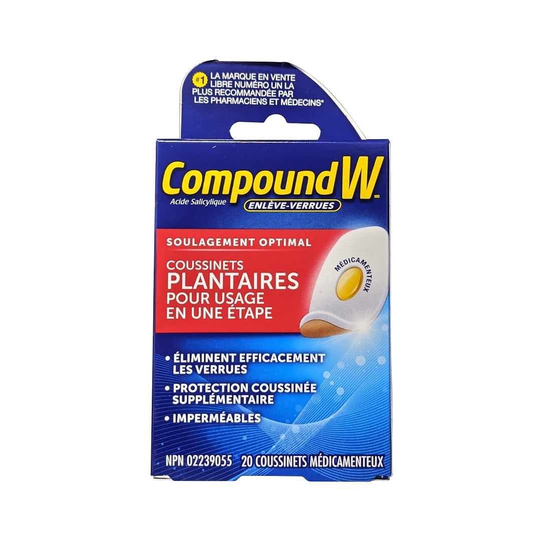 Product label for Compound W Maximum Strength One Step Plantar Food Pads (20 pads) in French