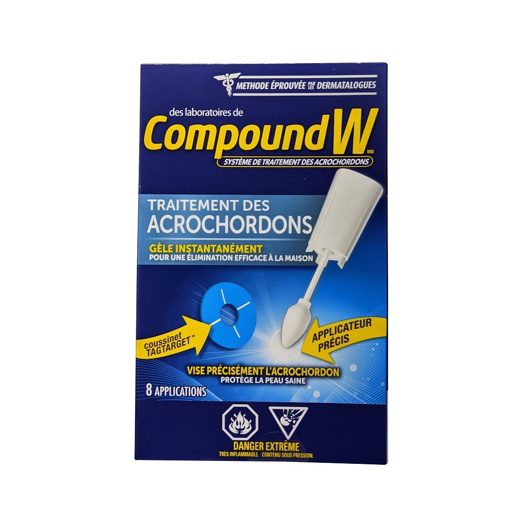 Product label for Compound W Skin Tag Remover (8 applications) in French