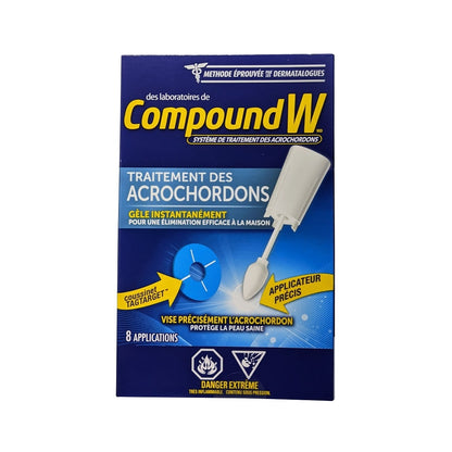 Product label for Compound W Skin Tag Remover (8 applications) in French